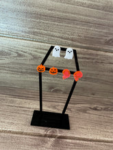 Load image into Gallery viewer, Black Coffin earring stand and 3 sets of Halloween Studs
