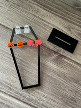 Load image into Gallery viewer, Black Coffin earring stand and 3 sets of Halloween Studs
