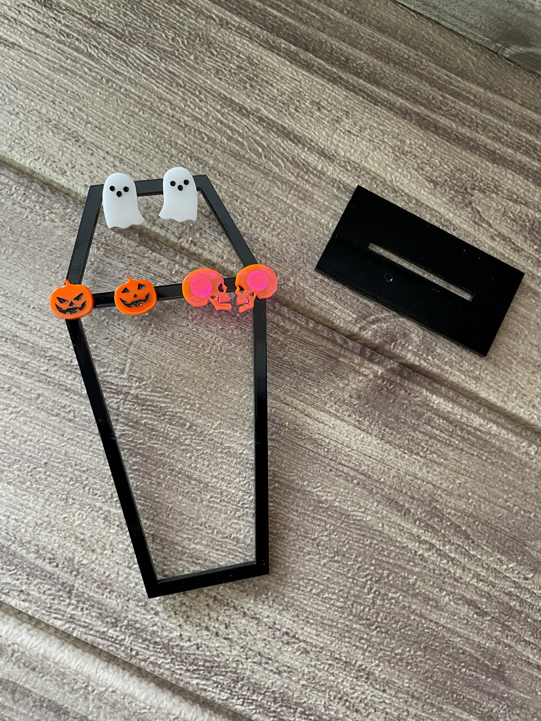 Black Coffin earring stand and 3 sets of Halloween Studs